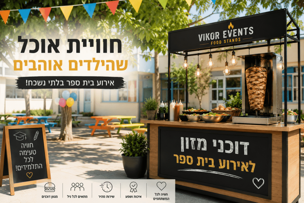 דוכני מזון לאירוע בית ספר יוצרים חוויה צבעונית, טעימה ומהנה לתלמידים ולהורים. גלו איך לשלב עמדות אוכל שמתאימות לכל גיל.