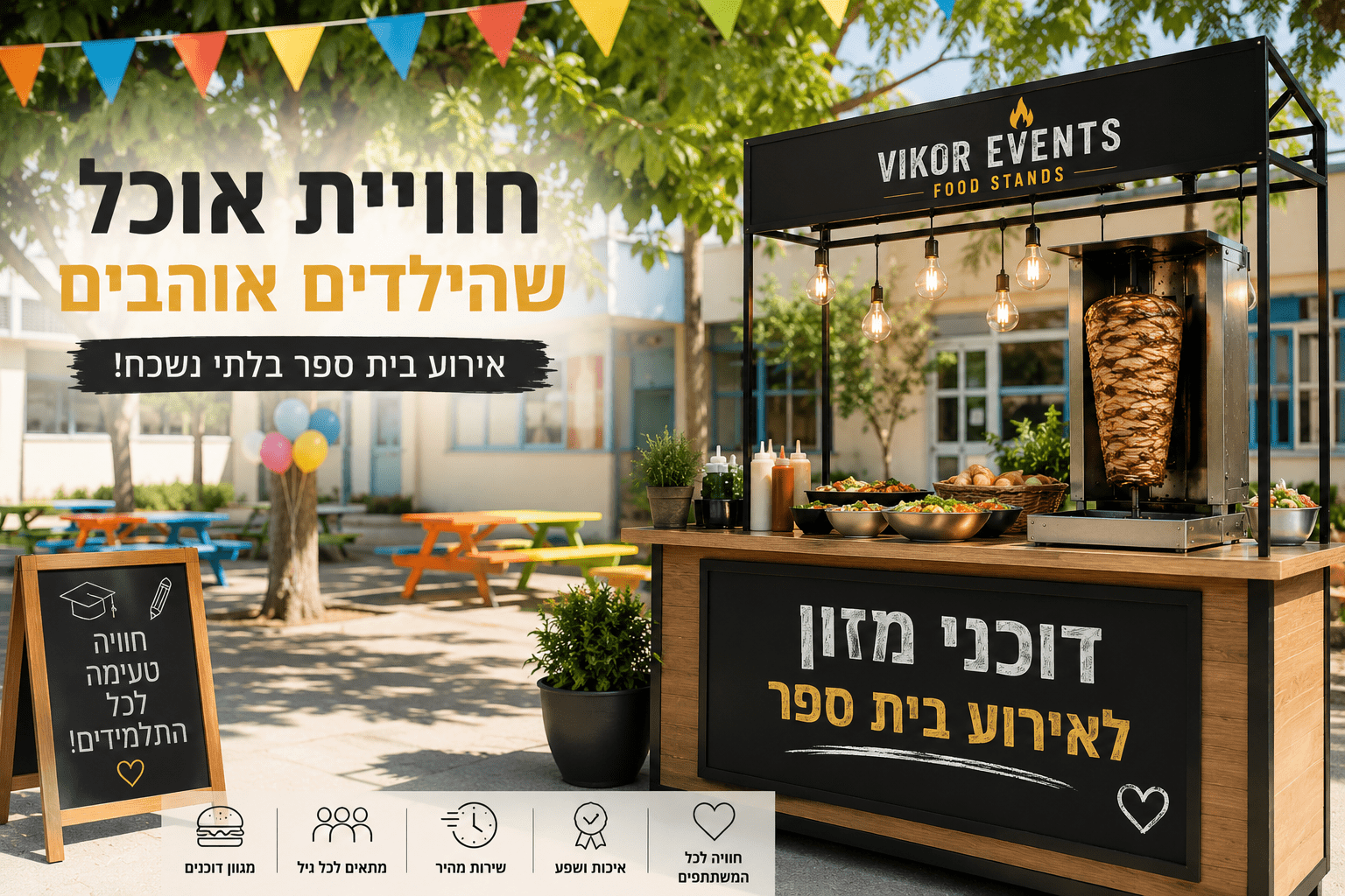 דוכני מזון לאירוע בית ספר יוצרים חוויה צבעונית, טעימה ומהנה לתלמידים ולהורים. גלו איך לשלב עמדות אוכל שמתאימות לכל גיל.